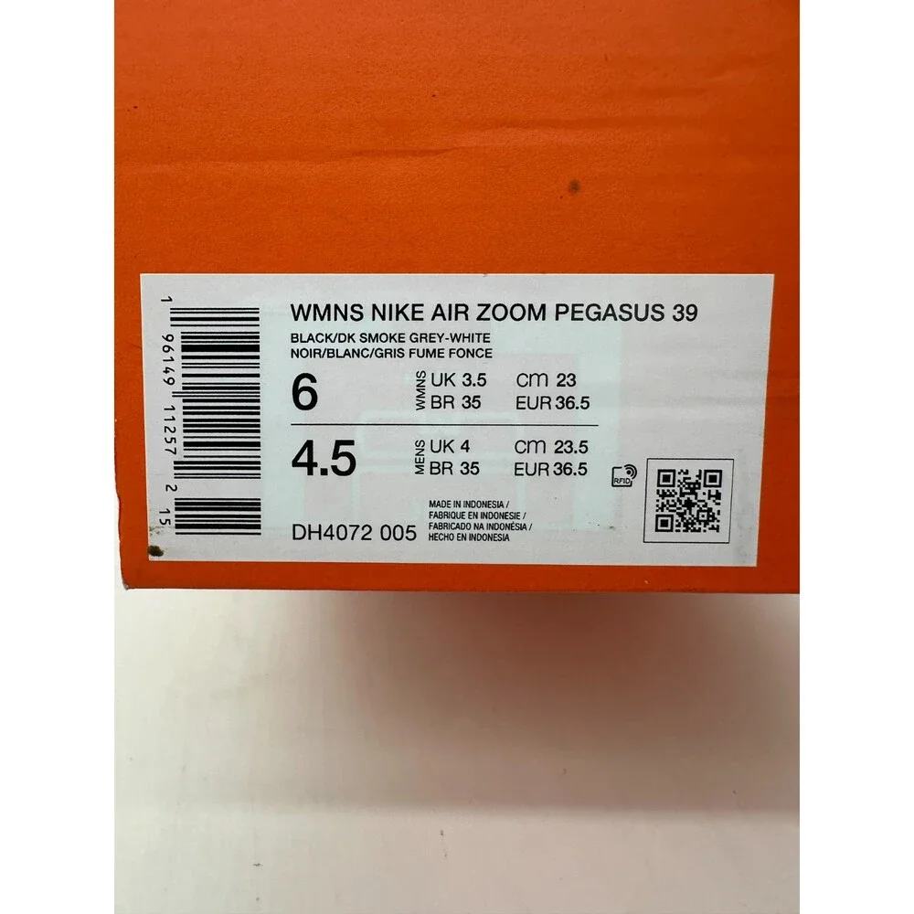 Nike Air Zoom Pegasus 39 Womens Size 6 Black White Running Shoes DH4072 005